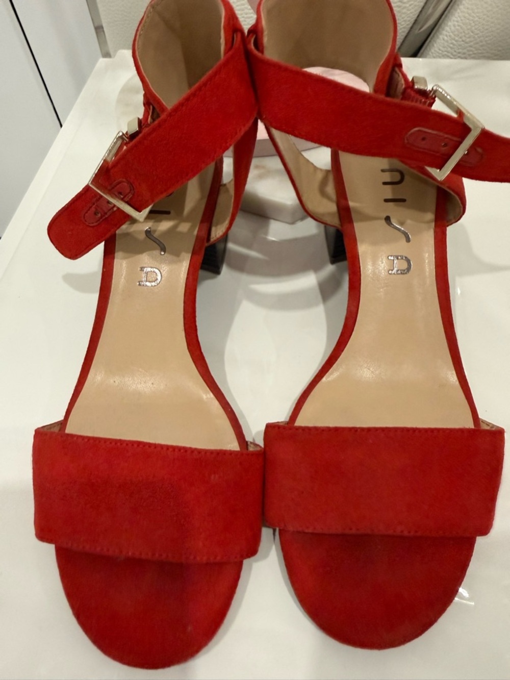 Unisa Red Suede Ankle Strap Block Heel Sandals